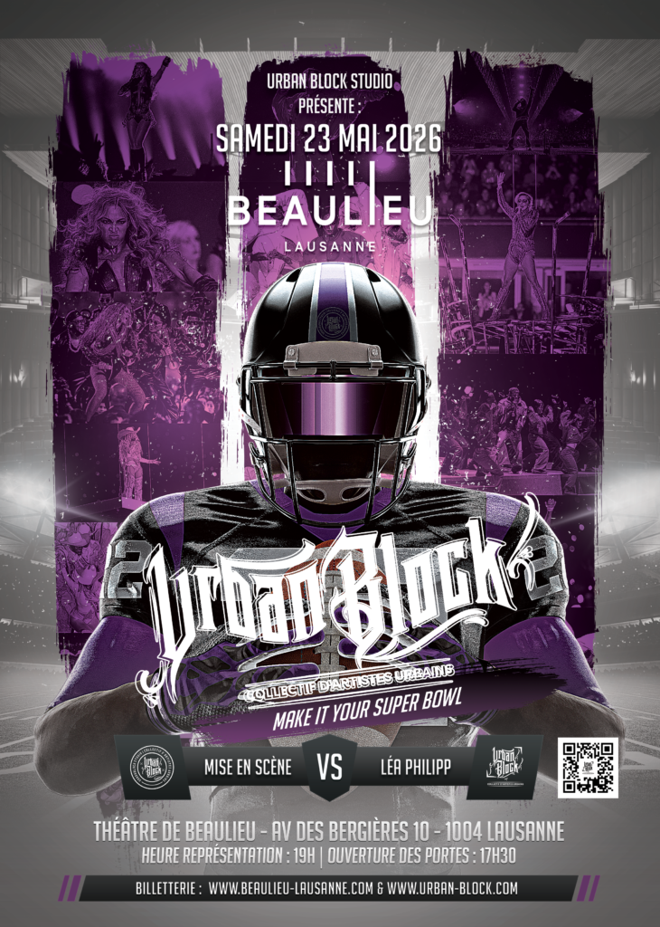 Affiche violette Make It Your Super Bowl : casque de football américain et danseurs Urban Block